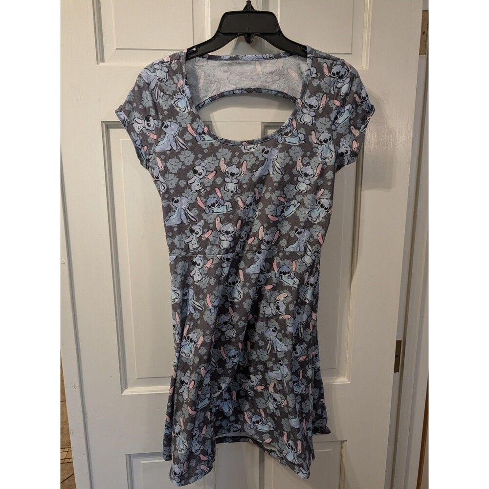 Disney Stitch Dress Medium Gray Blue Short Sleeve Bodycon Keyhole Back